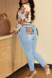 Deep Blue Fashion Casual Print Patchwork Plus Size Jeans
