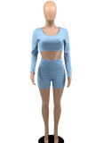 Sky Blue Casual Solid Patchwork O Neck Long Sleeve Two Pieces
