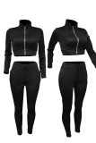 Red Casual Solid Patchwork Zipper Zipper Collar Long Sleeve Two Pieces