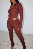 Rust Red Fashion Casual Solid Patchwork V Neck Long Sleeve Two Pieces