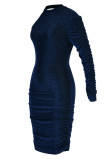 Blue Sexy Solid Patchwork Fold Oblique Collar Pencil Skirt Dresses