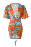 Orange Fashion Casual Print Patchwork Draw String Frenulum Fold V Neck Short Sleeve Dress