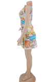 Blue Sexy Print Patchwork V Neck Pencil Skirt Dresses