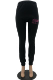 Grey Casual Print Lips Printed Embroidered Regular Mid Waist Pencil Bottoms