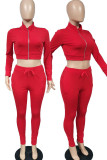 Red Casual Solid Patchwork Zipper Zipper Collar Long Sleeve Two Pieces