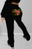 Grey Casual Print Lips Printed Embroidered Regular Mid Waist Pencil Bottoms