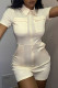 Cream White Casual Solid Patchwork Pocket Zipper Turndown Collar Regular Rompers