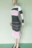 Black Casual Striped Print Patchwork O Neck Long Sleeve Two Pieces