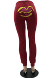 Grey Casual Print Lips Printed Embroidered Regular Mid Waist Pencil Bottoms