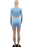 Sky Blue Casual Solid Patchwork O Neck Long Sleeve Two Pieces