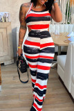 Red Sexy Striped Print Patchwork Backless Halter Straight Jumpsuits