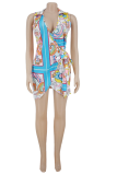 Blue Sexy Print Patchwork V Neck Pencil Skirt Dresses