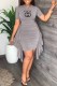 Grey Fashion Casual Print Fold Letter O Neck One Step Skirt Dresses