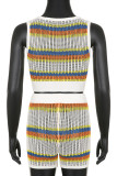 Yellow White Sexy Vacation Print Hollowed Out Patchwork O Neck Sleeveless Two Pieces