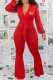Rose Red Casual Print Patchwork V Neck Skinny Jumpsuits