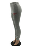 Grey Casual Print Lips Printed Embroidered Regular Mid Waist Pencil Bottoms