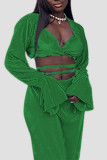 Pink Sexy Solid Bandage Patchwork V Neck Long Sleeve Two Pieces