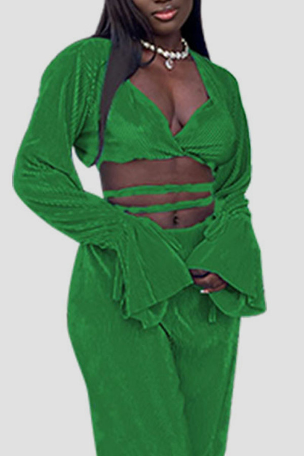 Green Sexy Solid Bandage Patchwork V Neck Long Sleeve Two Pieces