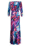 Red Casual Print Patchwork Off the Shoulder Long Sleeve Two Pieces