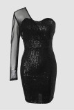 Black Fashion Sexy Patchwork Sequins Backless One Shoulder Long Sleeve Dresses