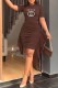 Dark Brown Fashion Casual Print Fold Letter O Neck One Step Skirt Dresses