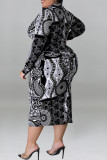 Burgundy Casual Print Patchwork Buckle Turndown Collar One Step Skirt Plus Size Dresses