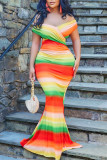 Multicolor Fashion Sexy Print Patchwork Backless V Neck Long Dress