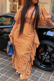 Tangerine Red Fashion Print Polka Dot Patchwork Flounce Fold Asymmetrical Square Collar Half Sleeve Two Pieces
