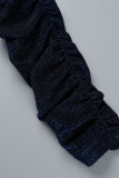 Blue Sexy Solid Patchwork Fold Oblique Collar Pencil Skirt Dresses