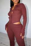 Rust Red Fashion Casual Solid Patchwork V Neck Long Sleeve Two Pieces