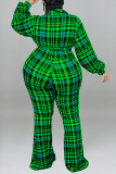 Yellow Casual Plaid Print Bandage Patchwork Turndown Collar Plus Size Jumpsuits