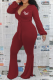Burgundy Casual Print Patchwork V Neck Skinny Jumpsuits