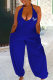 Blue Casual Print Patchwork V Neck Harlan Jumpsuits