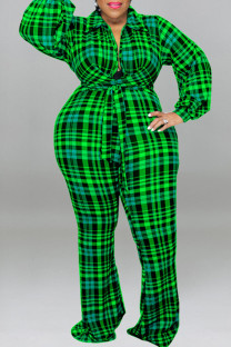 Green Casual Plaid Print Bandage Patchwork Turndown Collar Plus Size Jumpsuits