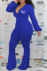 Blue Casual Print Patchwork V Neck Skinny Jumpsuits