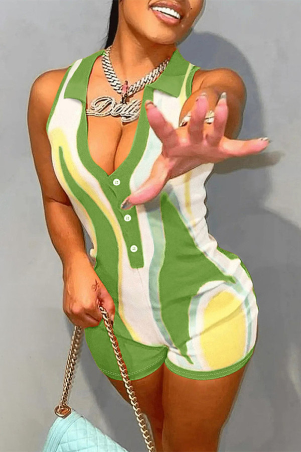 Green Fashion Casual Print Patchwork Turndown Collar Skinny Romper
