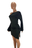 Black Fashion Casual Solid Patchwork Slit Off the Shoulder Long Sleeve Dresses
