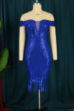Blue Fashion Sexy Formal Patchwork Tassel Sequins Backless Off the Shoulder Evening Dress