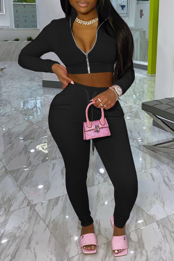 Black Casual Solid Patchwork Zipper Zipper Collar Long Sleeve Two Pieces