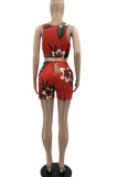 Red Casual Print Patchwork U Neck Sleeveless Two Pieces