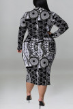 Green Casual Print Patchwork Buckle Turndown Collar One Step Skirt Plus Size Dresses