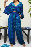 Deep Blue Casual Print Tie Dye Patchwork V Neck Three Quarter Two Pieces