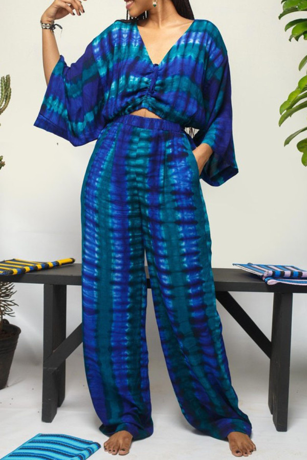 Deep Blue Casual Print Tie Dye Patchwork V Neck Three Quarter Two Pieces