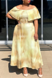 Yellow Fashion Casual Print Tie Dye Patchwork Off the Shoulder Short Sleeve Dress