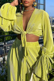 Pink Sexy Solid Bandage Patchwork V Neck Long Sleeve Two Pieces