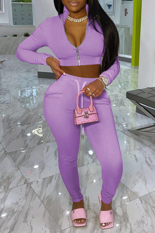 Purple Casual Solid Patchwork Zipper Zipper Collar Long Sleeve Two Pieces