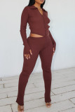 Rust Red Fashion Casual Solid Patchwork V Neck Long Sleeve Two Pieces