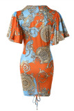 Orange Fashion Casual Print Patchwork Draw String Frenulum Fold V Neck Short Sleeve Dress