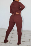 Rust Red Fashion Casual Solid Patchwork V Neck Long Sleeve Two Pieces