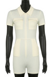 Cream White Casual Solid Patchwork Pocket Zipper Turndown Collar Regular Rompers